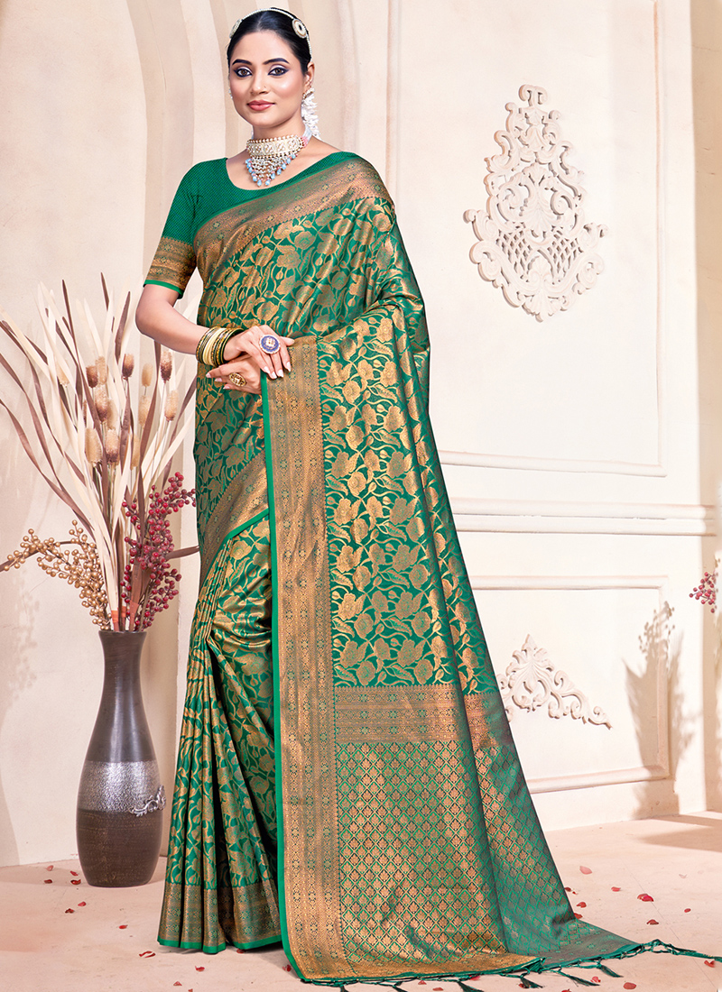Buy Banarasi Silk Green Wedding Wear Weaving Saree Online From
