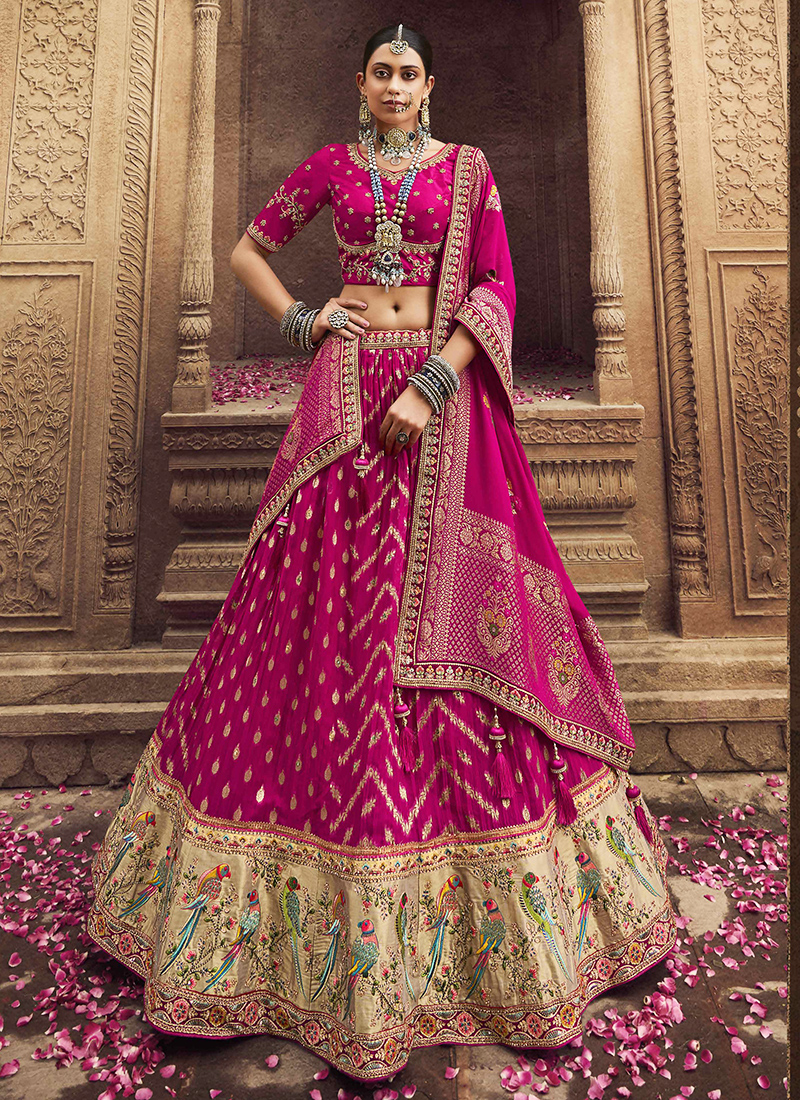Buy Heavy Viscose Fusion Pink Bridal Wear Embroidery Work Lehenga
