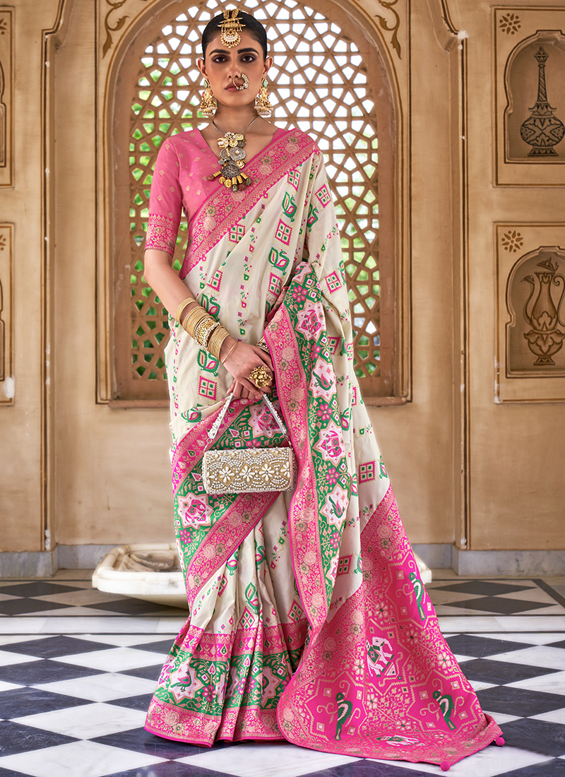 Buy Banarasi Silk White Wedding Wear Banarasi Broket Saree Online