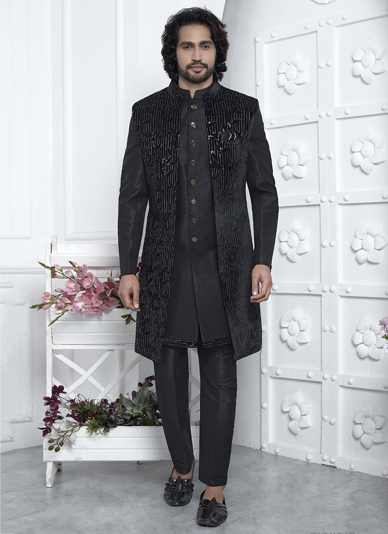 Buy Art Silk Black Wedding Wear Pattern Pc Readymade Sherwani