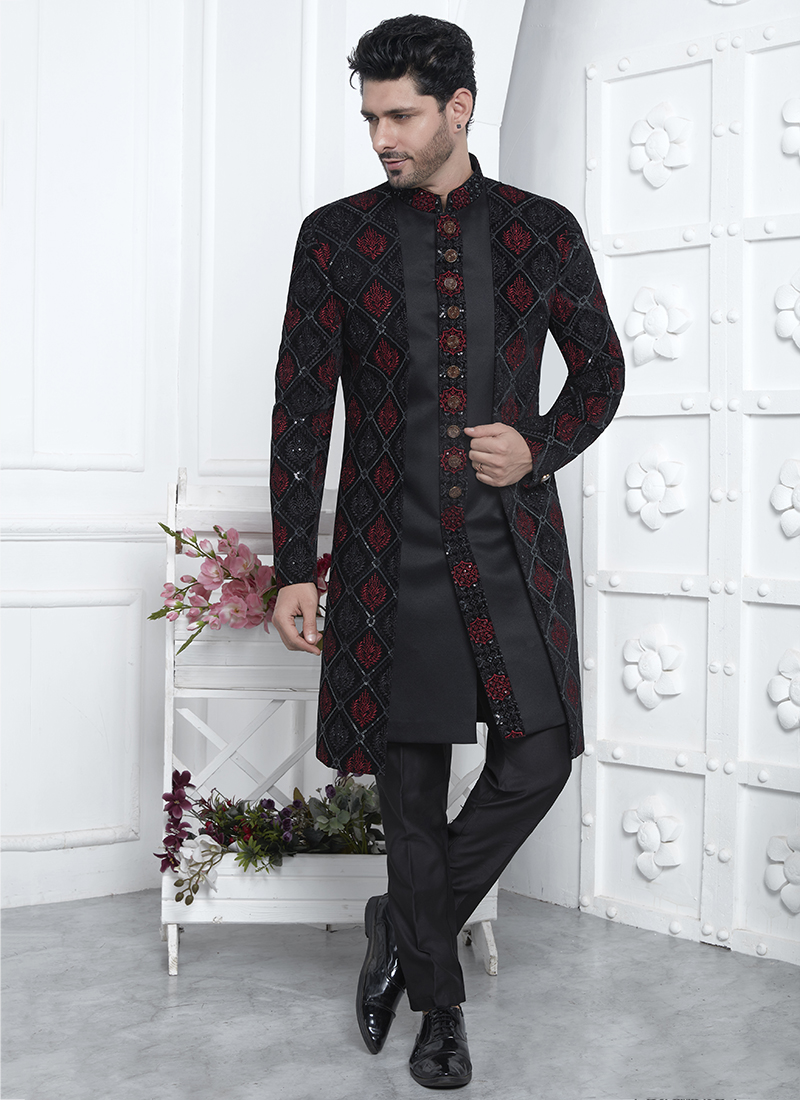 Buy Art Silk Black Wedding Wear Pattern Pc Readymade Sherwani