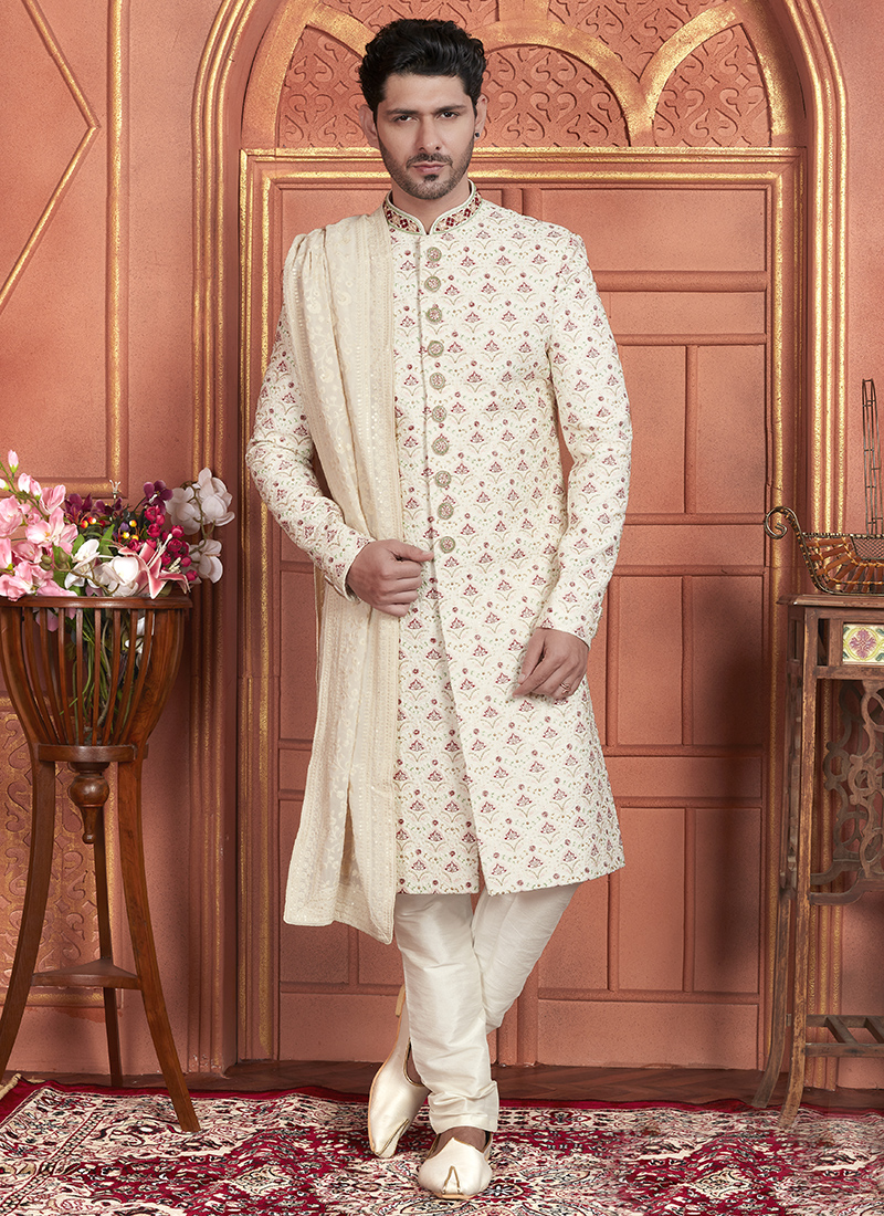 Buy Art Silk Cream Wedding Wear Embroidery Work Readymade Groom