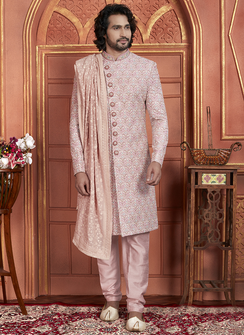 Buy Art Silk Pink Wedding Wear Embroidery Work Readymade Groom
