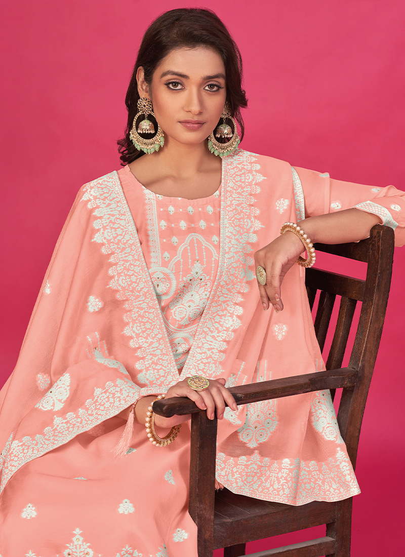 Buy Pure Organza Peach Casual Wear Jacquard Work Straight Suit