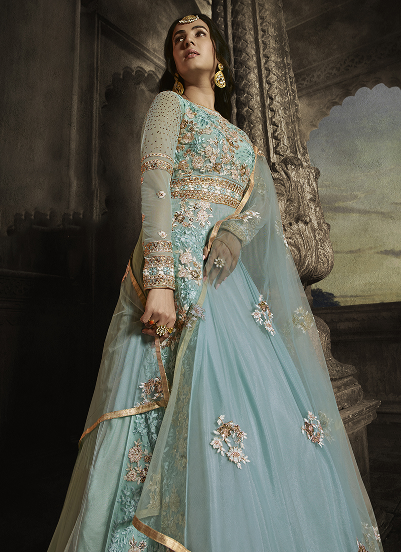 Heavy Embroidered Indian Anarkali Salwar Kameez - Sky Blue, Net & Santoon Fabric, Ready To Wear (Size 38)