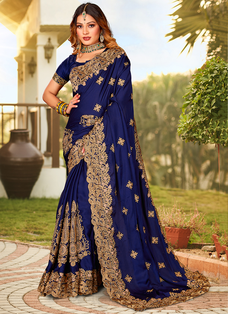 Pure Sattin Navy Blue Wedding Wear Embroidery Work Saree - Main Image