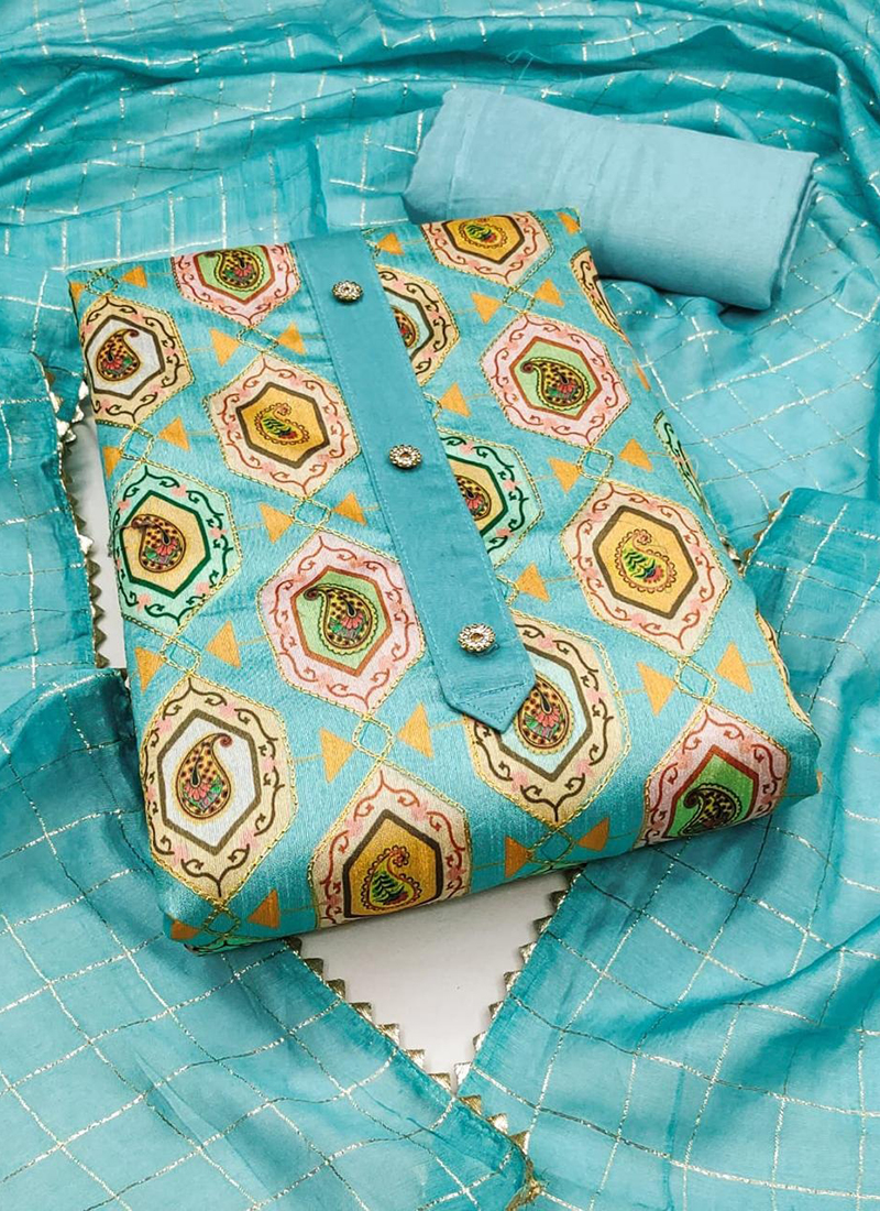 Buy Cotton Silk Sky Blue Embroidery Work Dress Material Online