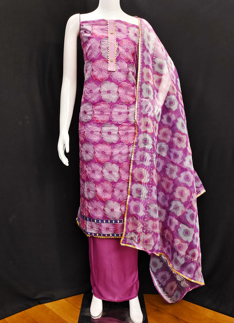 Buy Organza Silk Pink Embroidery Work Dress Material Online From