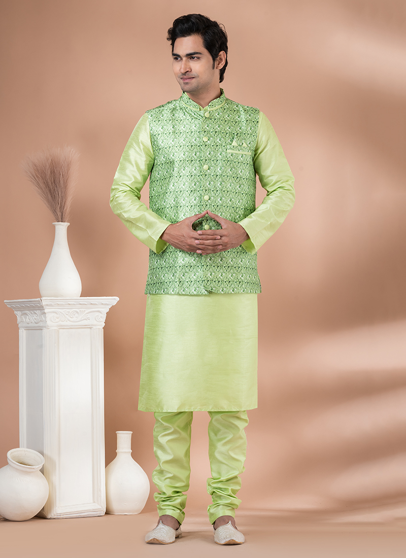 Buy Silk Lime Green Wedding Wear Embroidery Work Readymade Modi