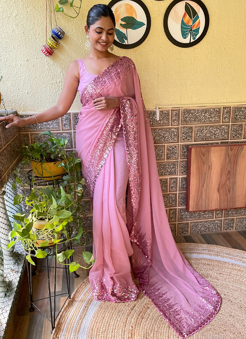 Buy Georgette Baby Pink Party Wear Sequence Work Saree Online From