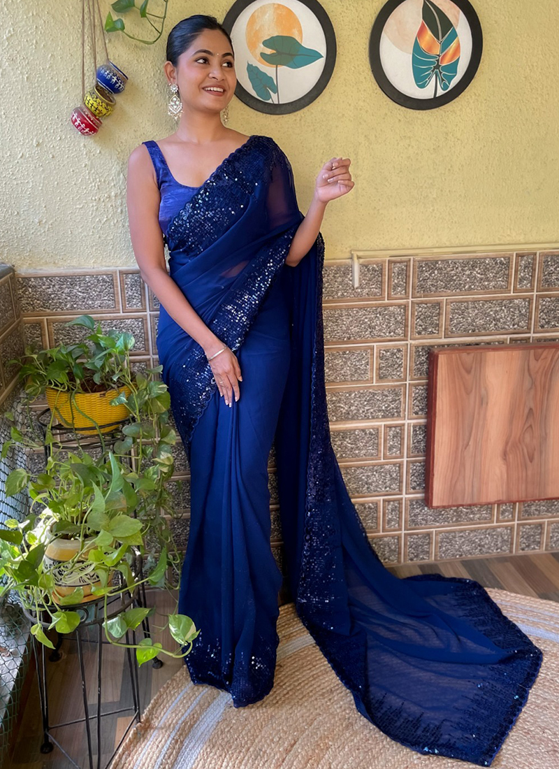 Buy Georgette Royal Blue Party Wear Sequence Work Saree Online