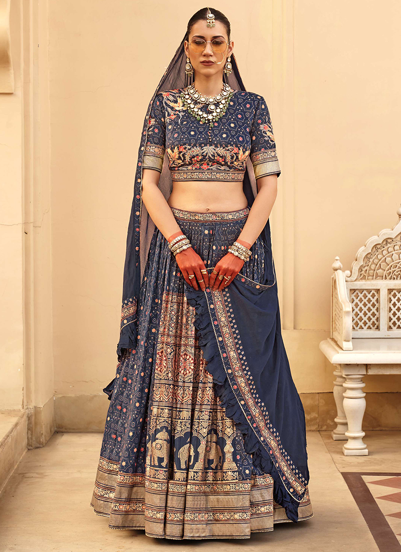 Buy Silk Navy Blue Bridal Wear Foil Printed Ready To Wear Lehenga