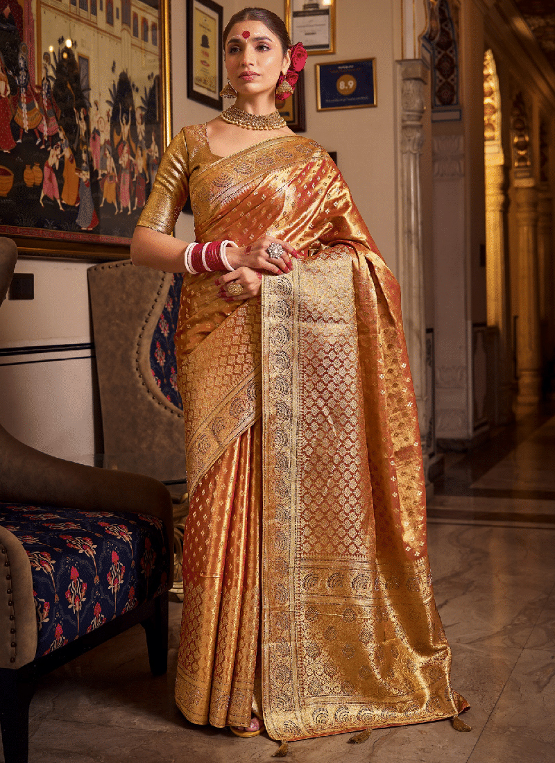 Buy Tissue Silk Yellow, Gold Wedding Wear Swaroski Work Saree