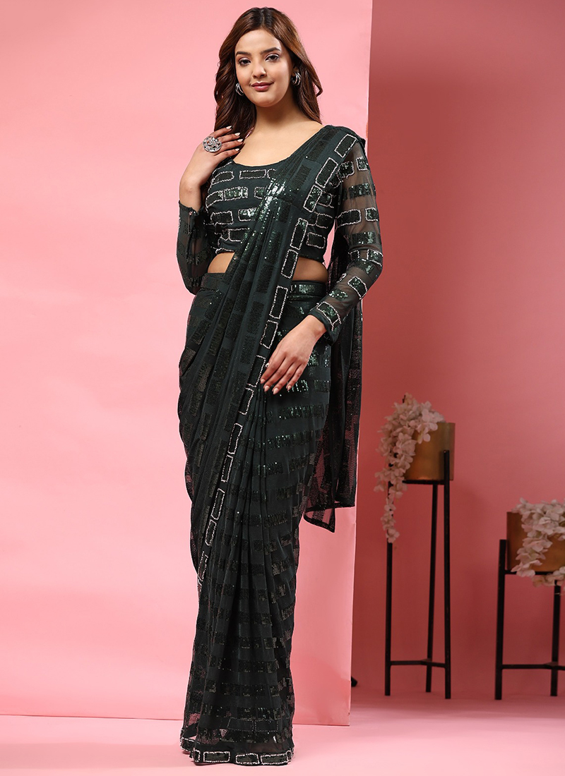 Buy Pure Georgette Green Party Wear Embroidery Work Ready To Wear