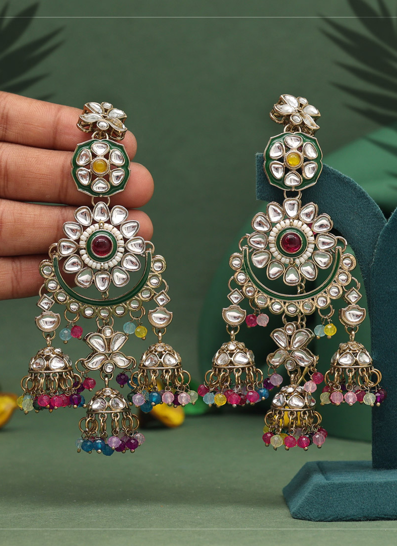 Buy Wedding Wear Multi Colour Stone Work Kundan Earrings Online