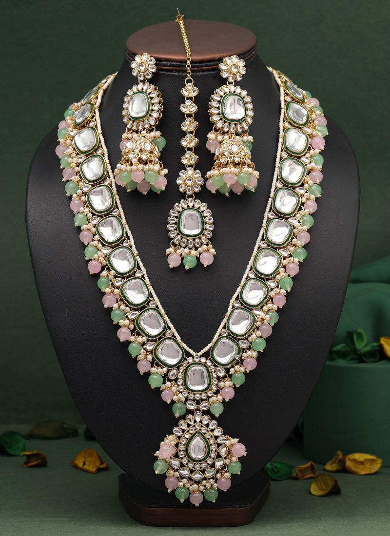 Buy Wedding Wear Pink Green Long Kundan Necklace Set Online From