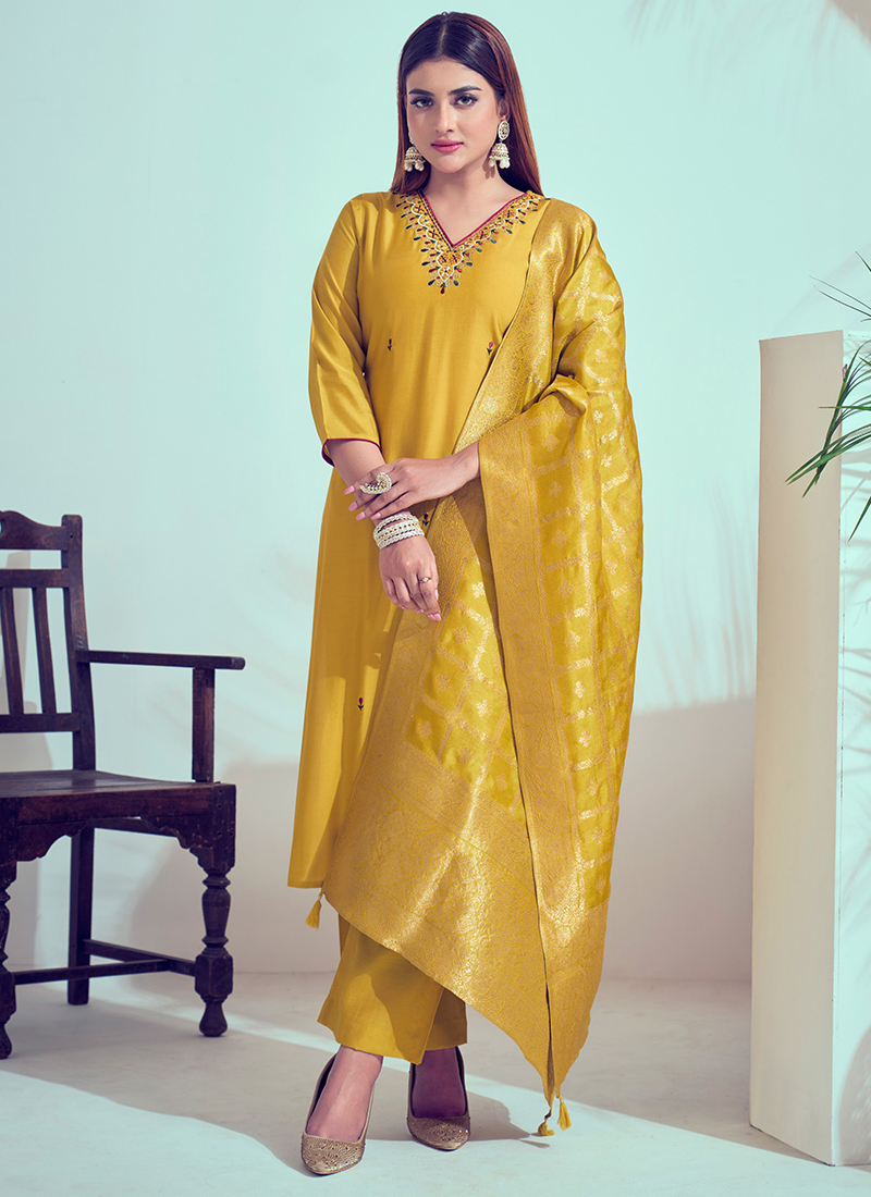 Buy Roman Silk Yellow Party Wear Embroidery Work Readymade