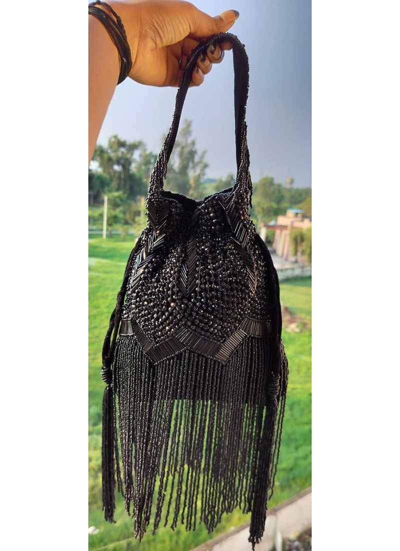 Buy Party Wear Black Embroidered Fringe Potli Bag Online From