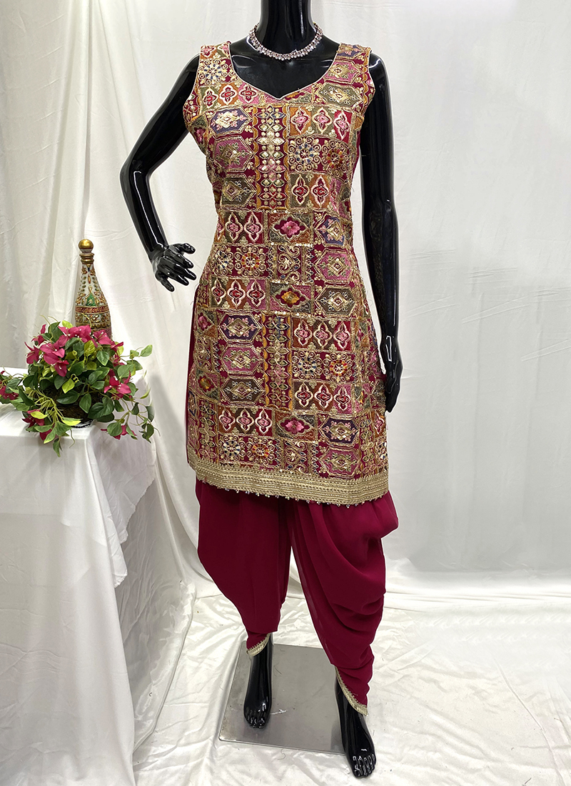 Buy Georgette Hot Pink Wedding Wear Hand Work Readymade Dhoti Suit