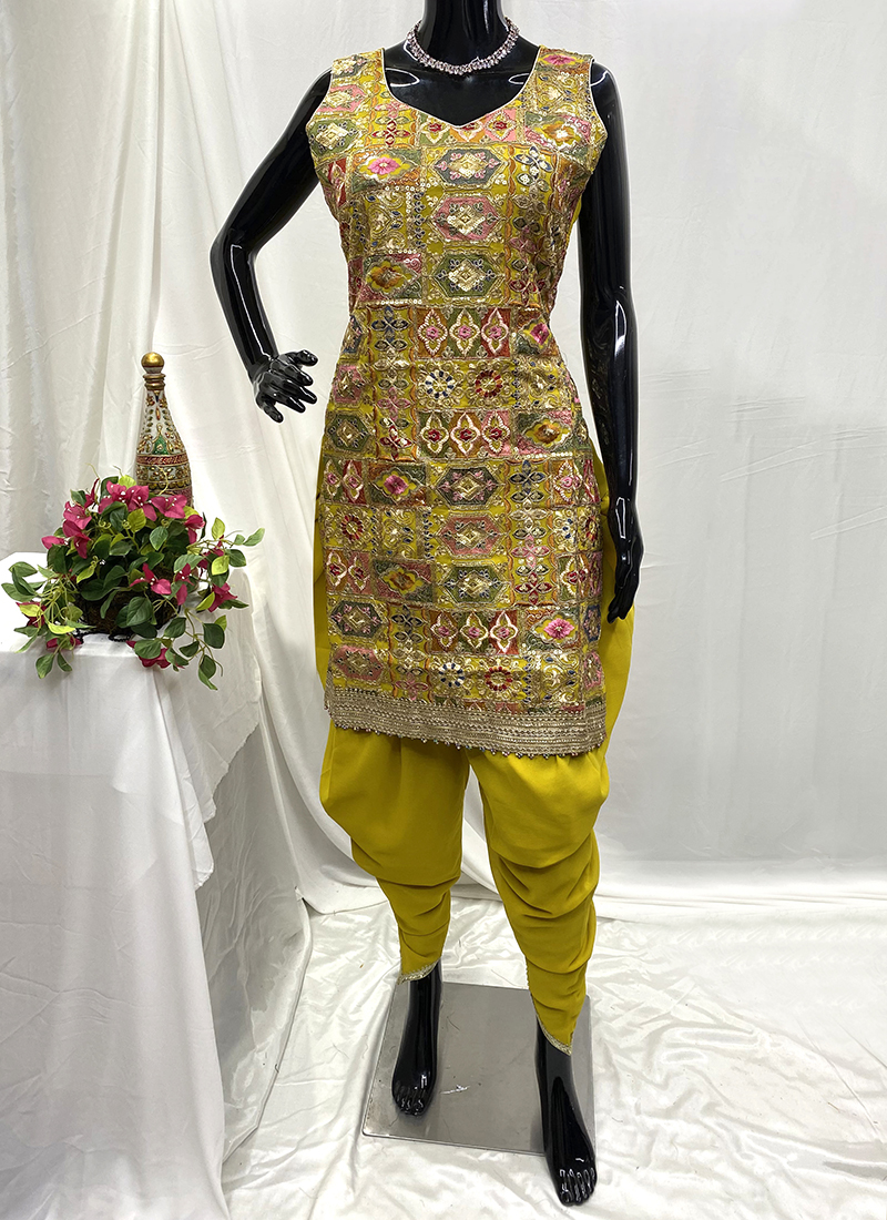 Buy Georgette Yellow Wedding Wear Hand Work Readymade Dhoti Suit