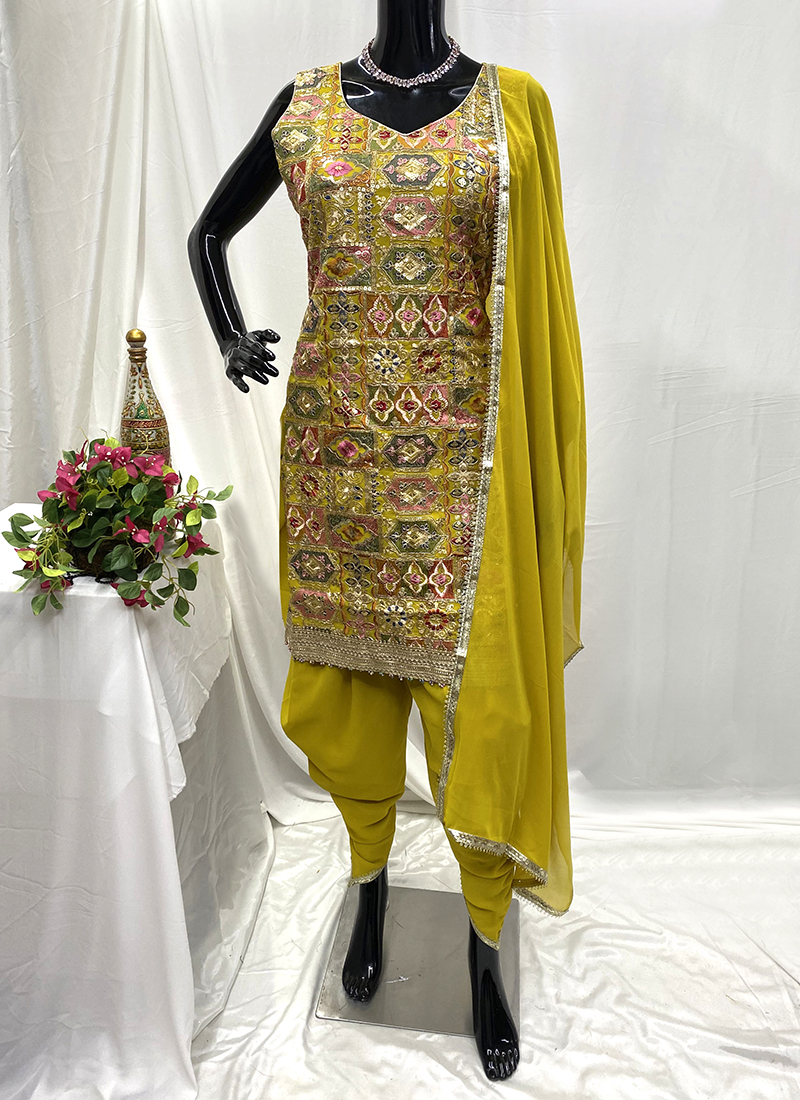 Buy Georgette Yellow Wedding Wear Hand Work Readymade Dhoti Suit