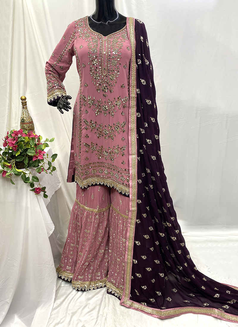 Buy Georgette Pink Wedding Wear Hand Work Readymade Sharara Suit