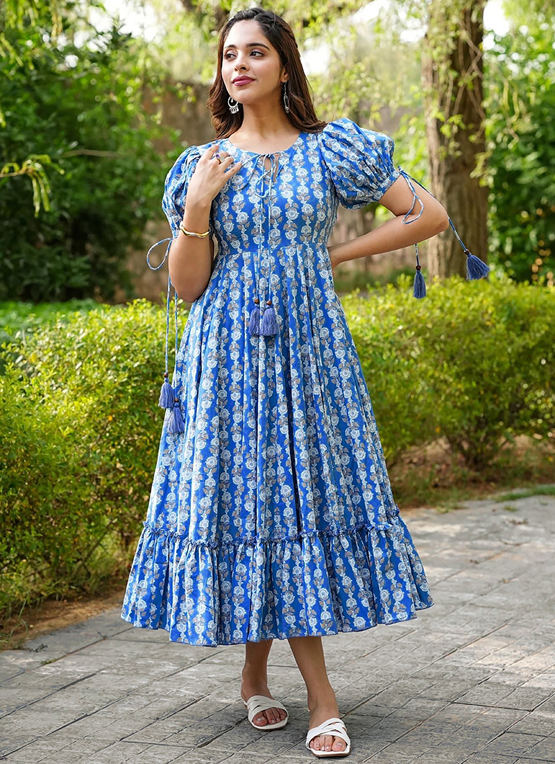 Buy Rayon Blue Daily Wear Digital Print Readymade Short Gown