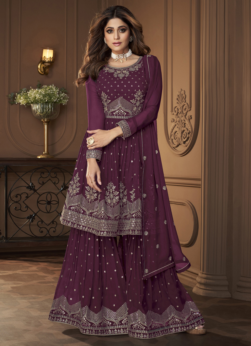 Sharara Short Frock Online Buy Georgette Purple Party Wear