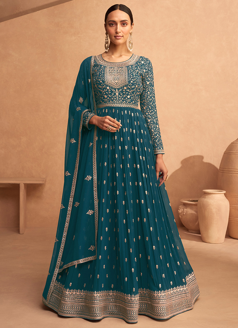 Buy Georgette Teal Blue Wedding Wear Embroidery Work Anarkali Suit - Main Image