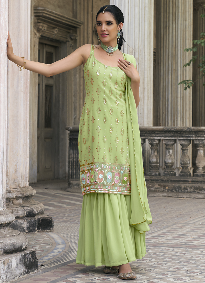 Buy Faux Georgette Pista Green Party Wear Embroidery Work Sharara