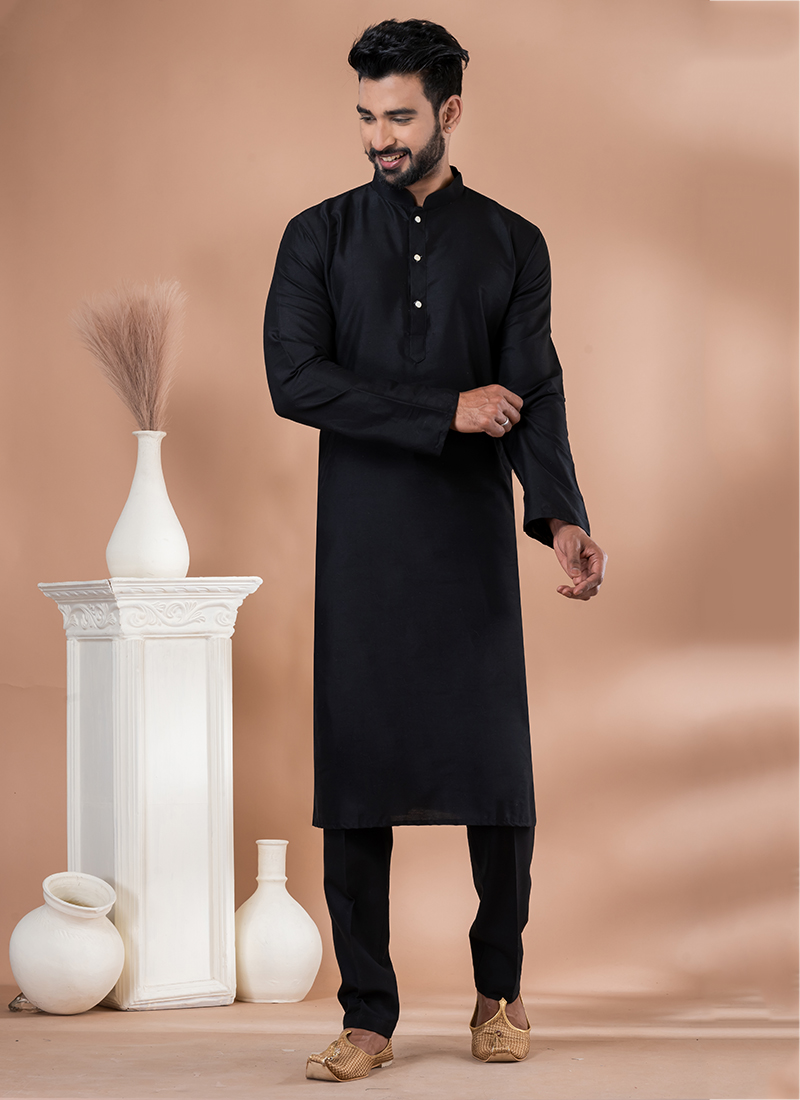 Buy Viscose Black Traditional Wear Plain Kurta Pajama Online From