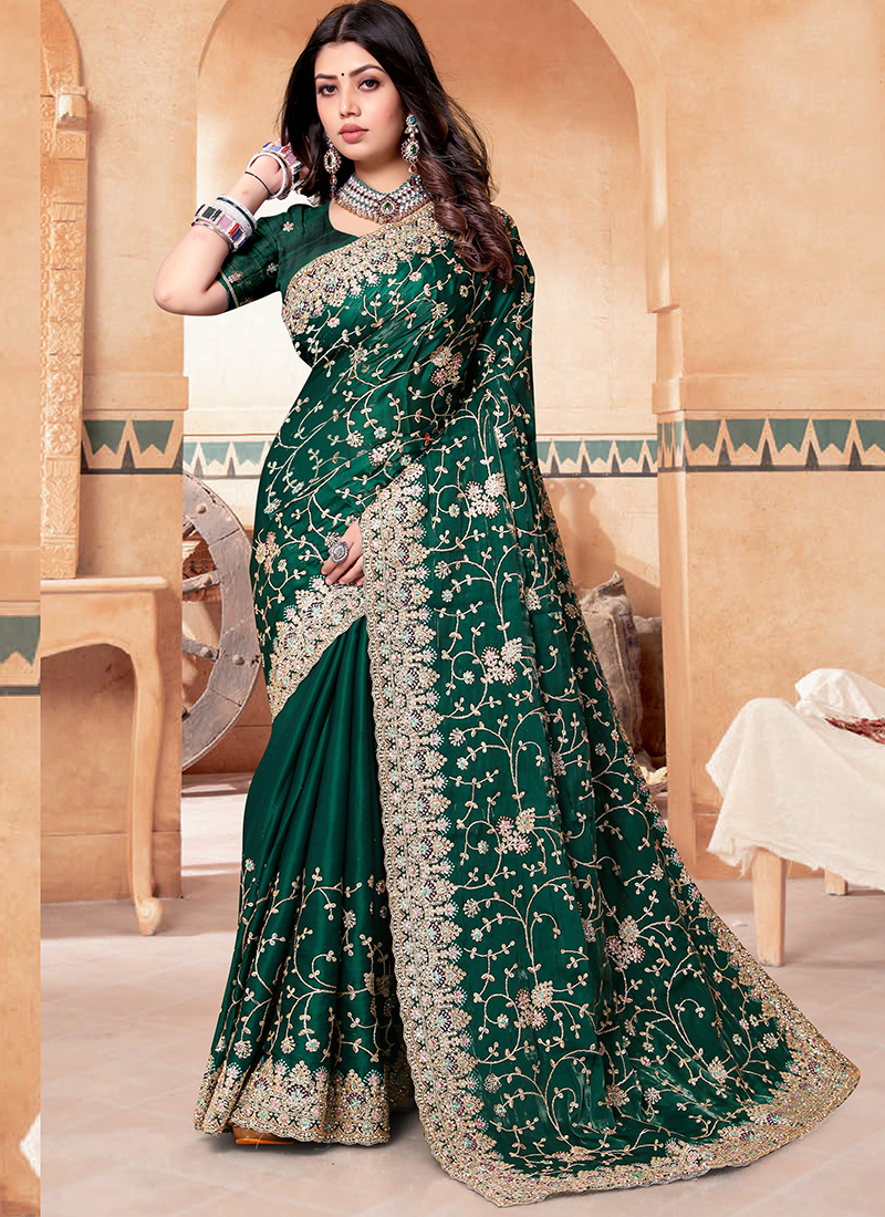 Embroidered Border Art Silk Saree in Dark Green : SPF6761