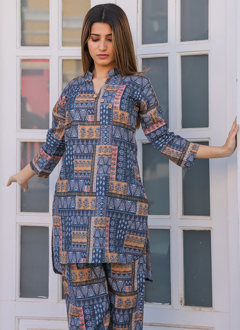 Buy Cotton Blue Casual Wear Digital Printed Cord Set Online From