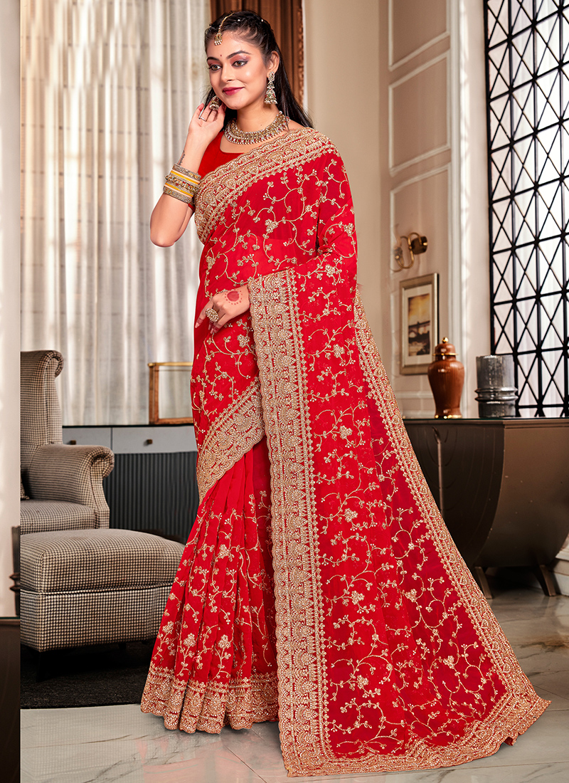 Buy Georgette Red Wedding Wear Zarkan Work Saree Online From - Main Image
