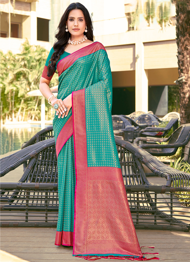 Firozi colour patola banarasi silk saree - MARABOUT - 4289387