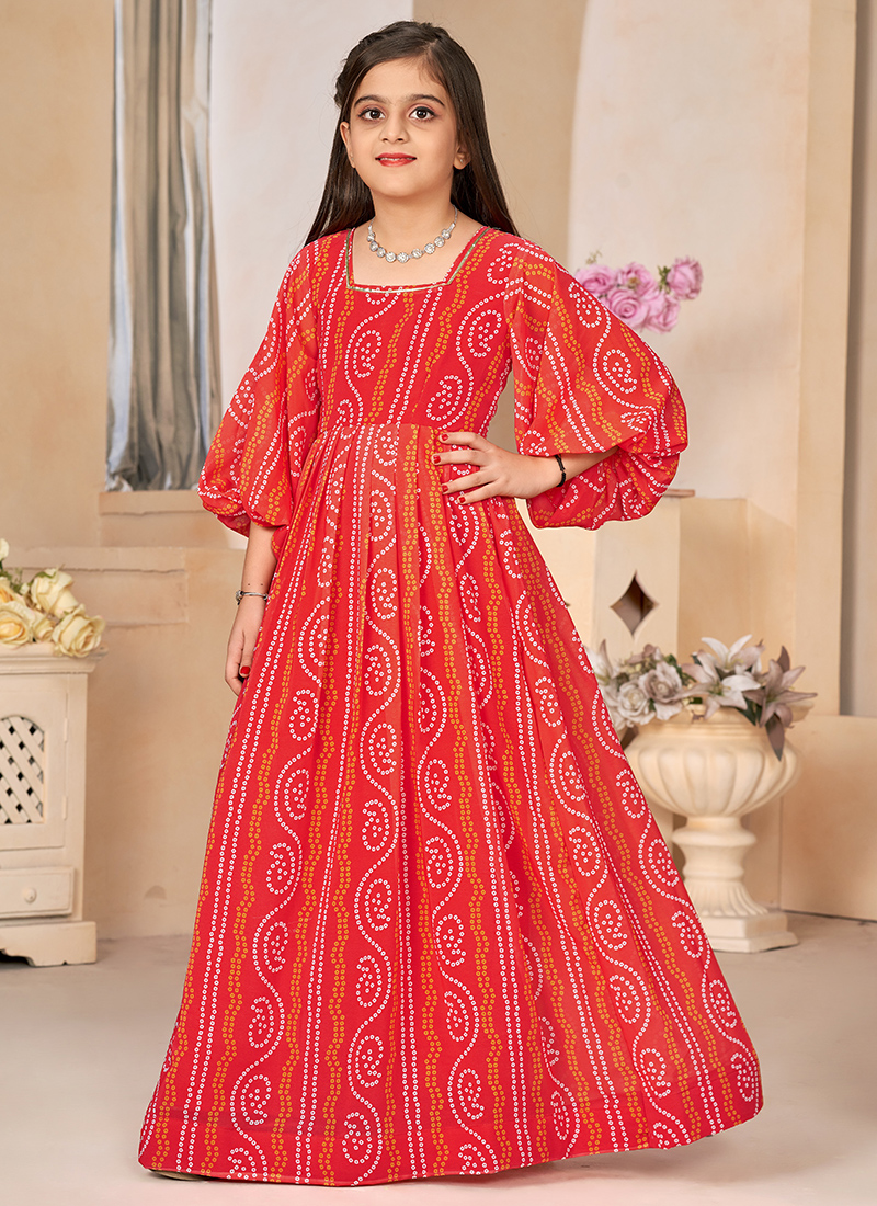 Georgette Orange Traditional Wear Printed Kids Gown