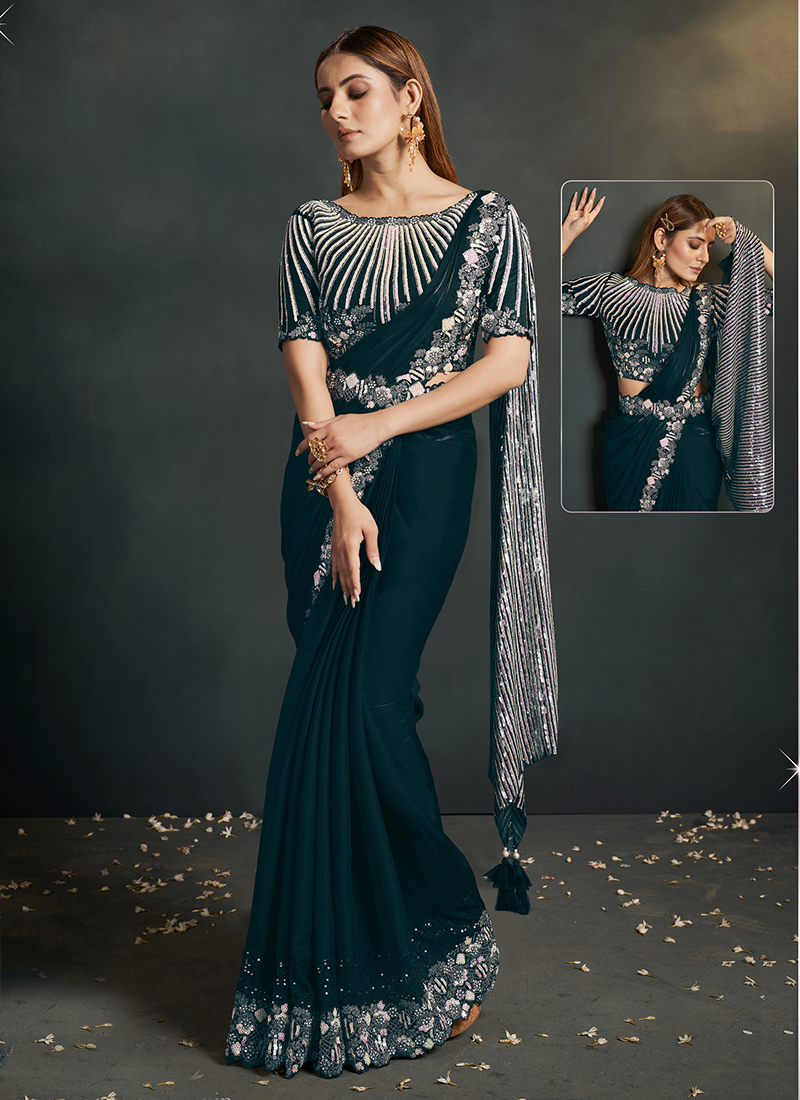 Buy Crepe Silk Rama Party Wear Embroidery Work Readymade Saree