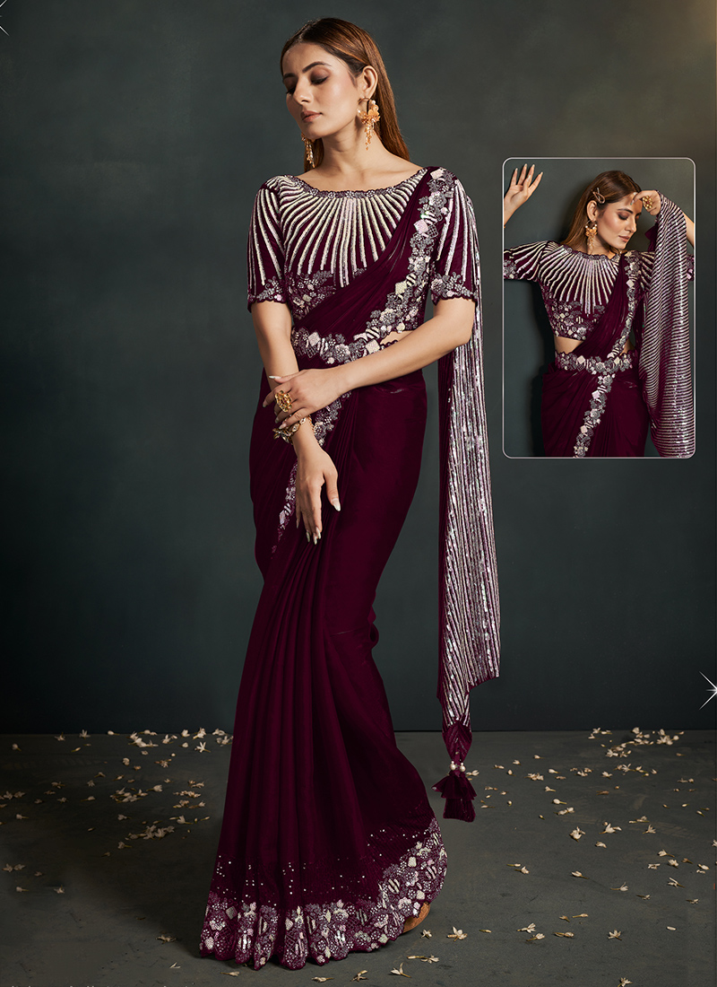 Buy Crepe Silk Wine Party Wear Embroidery Work Readymade Saree