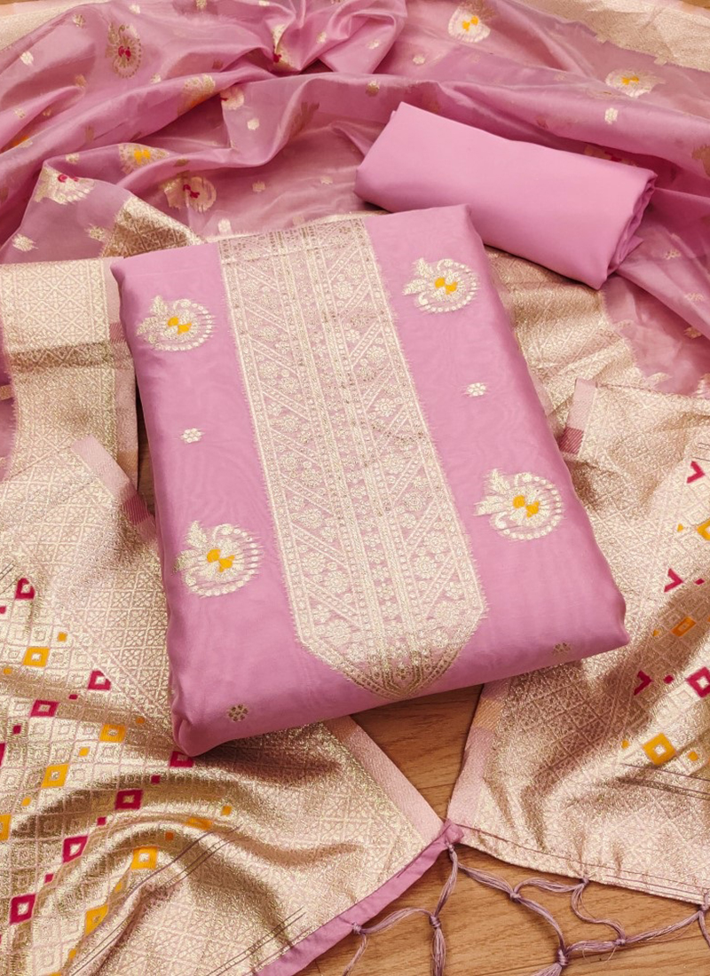 Buy Organza Pink Festival Wear Weaving Dress Material Online From