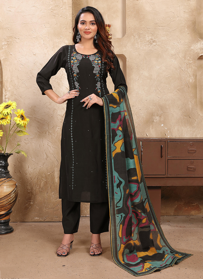 Buy Roma Silk Black Traditional Wear Embroidery Work Readymade
