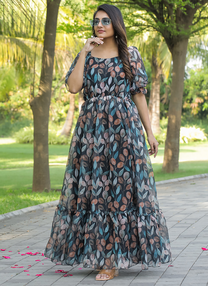 Buy Georgette Black Party Wear Printed Western Dress Online From