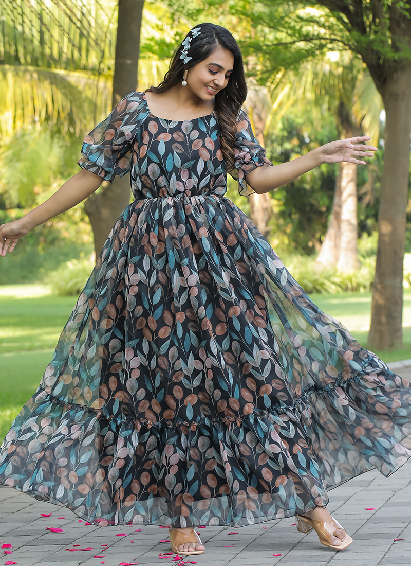 Buy Georgette Black Party Wear Printed Western Dress Online From