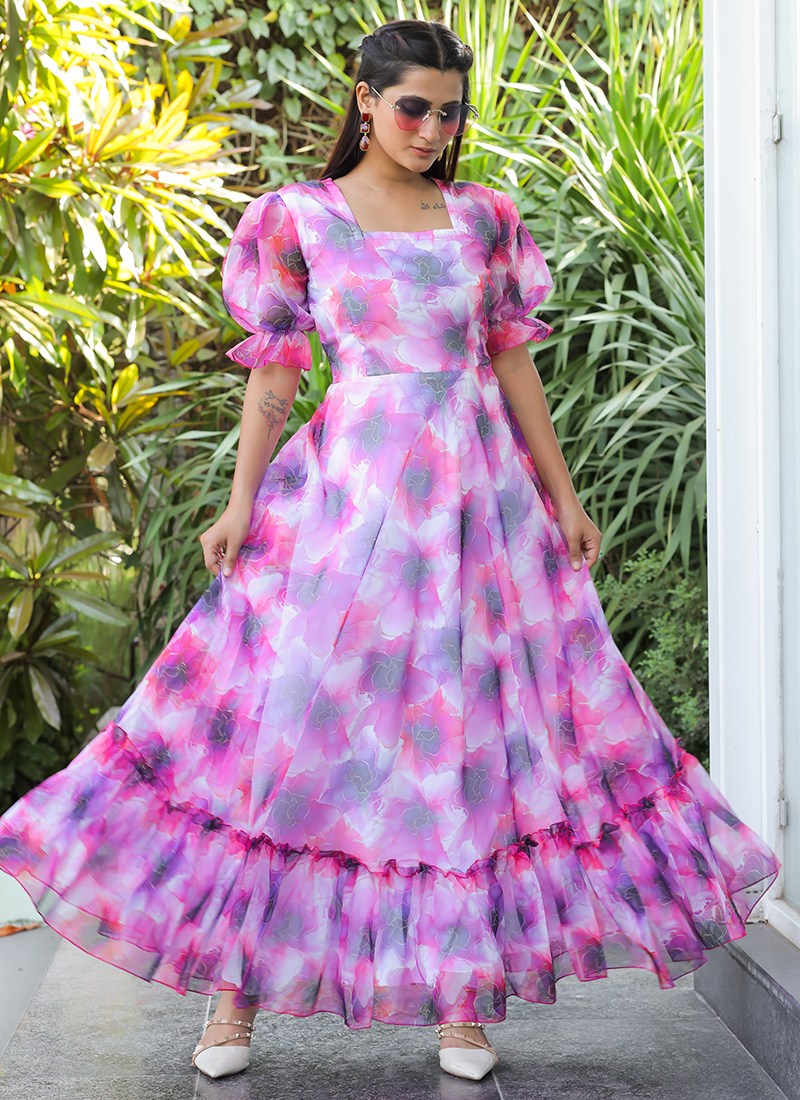 Buy Georgette Pink Party Wear Printed Western Dress Online From