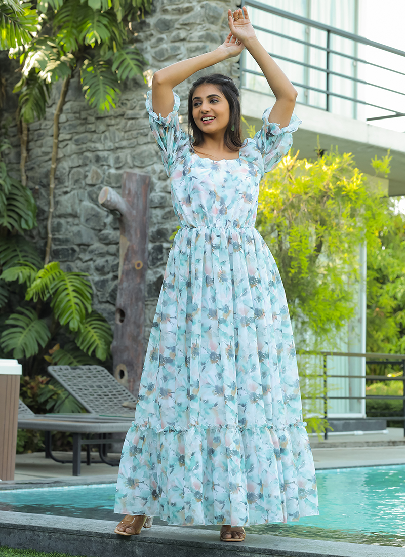 Buy Georgette Sky Blue Party Wear Printed Western Dress Online