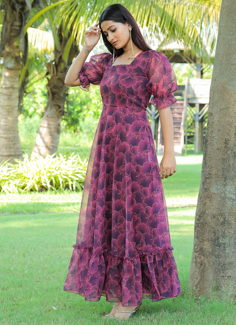 Buy Georgette Wine Party Wear Printed Western Dress Online From