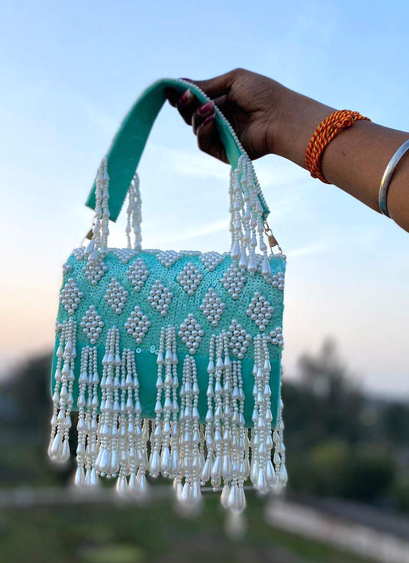 Wedding Wear Blue Luxury White Pearl Shoulder Bag With Pearl Handle  Collection