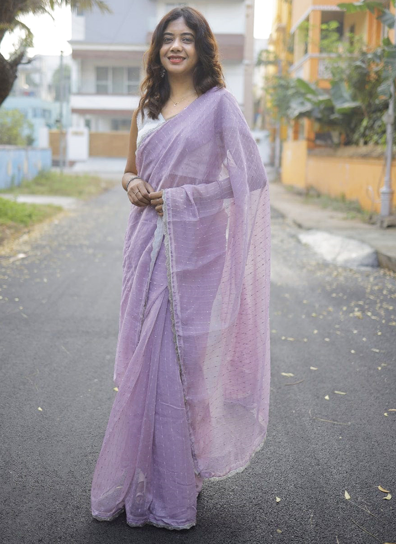 Buy Organza Lavender Party Wear Sequins Work Saree Online From