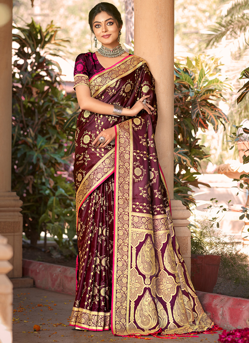 Satin Silk Maroon Wedding Wear Weaving Saree