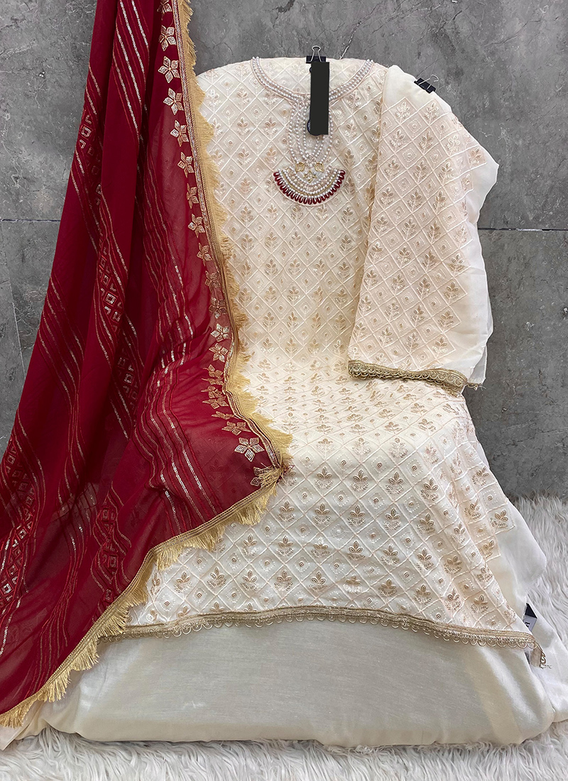 Buy Georgette Red Wedding Wear Embroidery Work Pakistani Suit