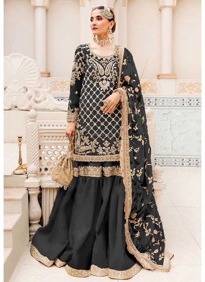 Buy Georgette Black Wedding Wear Embroidery Work Pakistani Suit